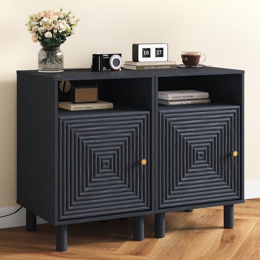Heynemo Wood Nightstand with Storage, Bedside Table with Charging Station and Solid Wood Legs, Ideal for Living Room, Bedroom, Entryway, Black, Set of 2