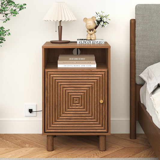 Heynemo Wood Nightstand with Storage, Bedside Table with Charging Station and Solid Wood Legs, Ideal for Living Room, Bedroom, Entryway, Brown