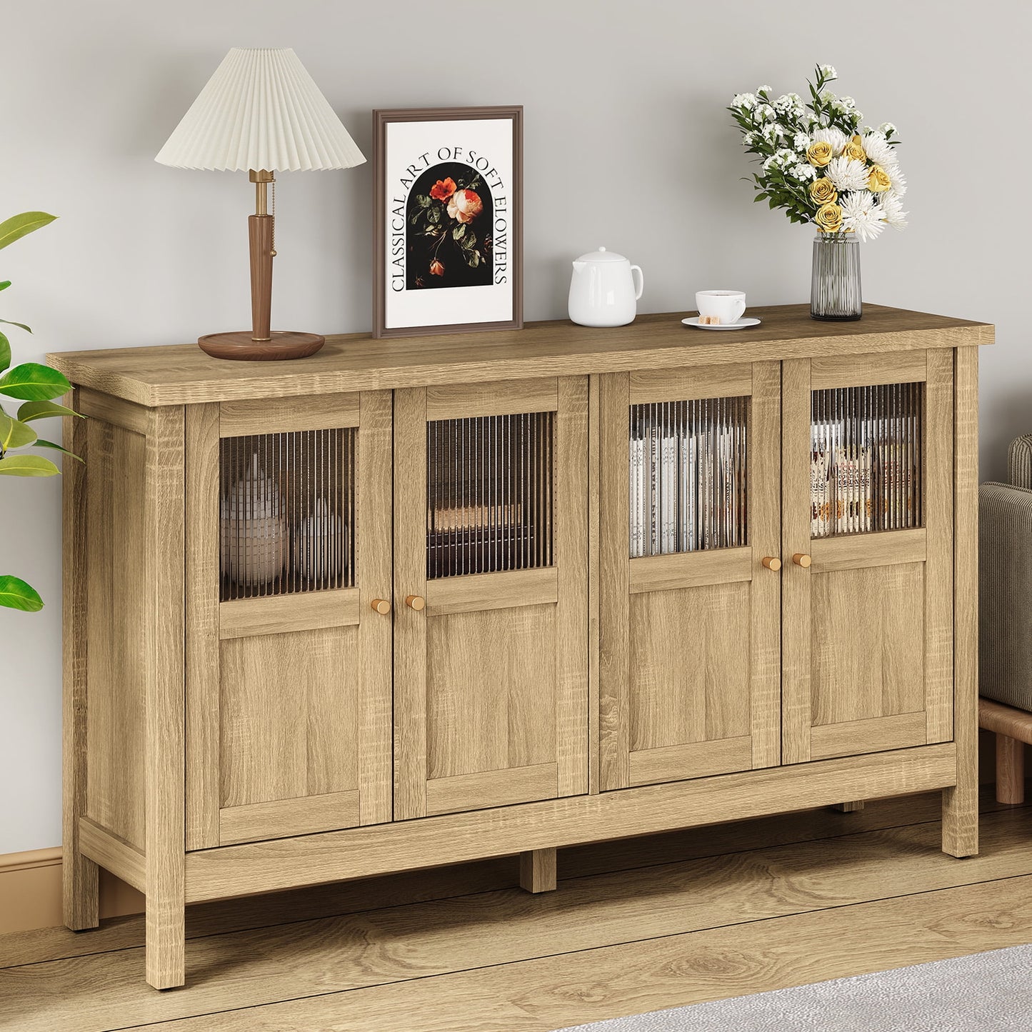 Heynemo Wood Sideboard Credenza with Storage, Buffet Cabinet with Adjustable Shelves, Accent Cabinet with Acrylic Accents for Living Room, Dining Room, Entryway