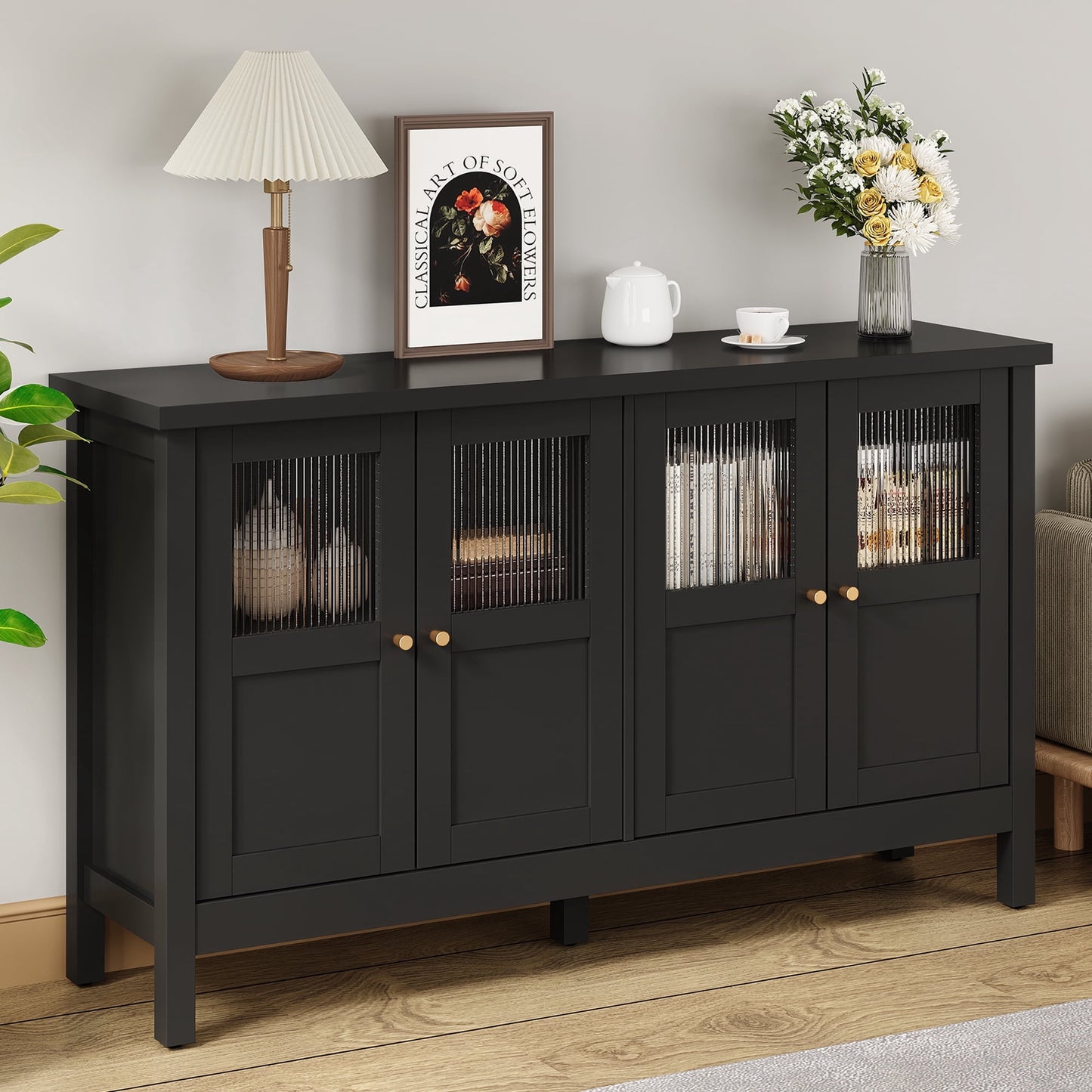 Heynemo Wood Sideboard Credenza with Storage, Buffet Cabinet with Adjustable Shelves, Accent Cabinet with Acrylic Accents for Living Room, Dining Room, Entryway