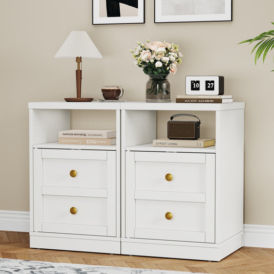 Heynemo white Nightstand with Storage Shelf & Door, Faux Drawer Design End Table, Compact Side Table for Bedrooms, Dorm Rooms & Small Spaces, Set of 2