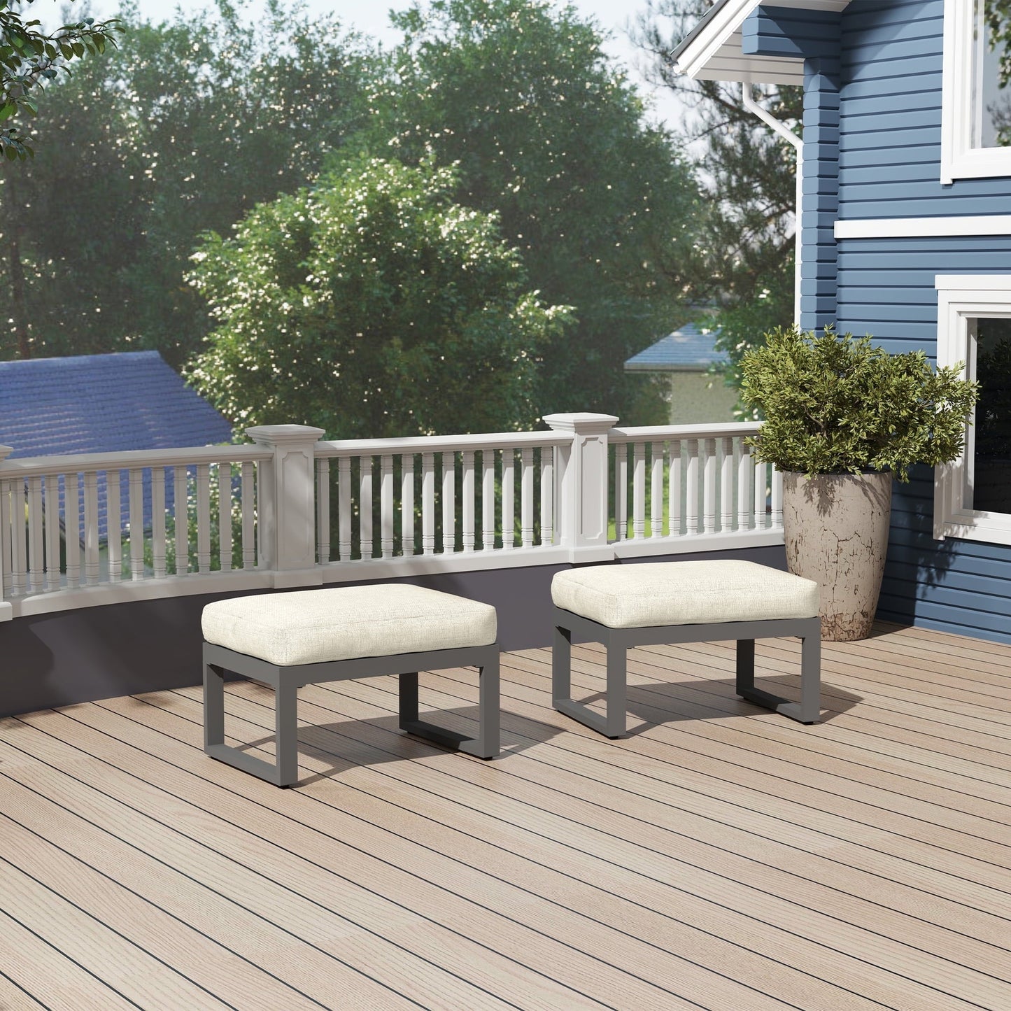 RoyalCraft 2 Pieces Aluminum Outdoor Patio Ottoman Set, Outdoor Foot Stools with Thick Cushion, Small Seat Furniture for Porch Balcony Backyard, Beige