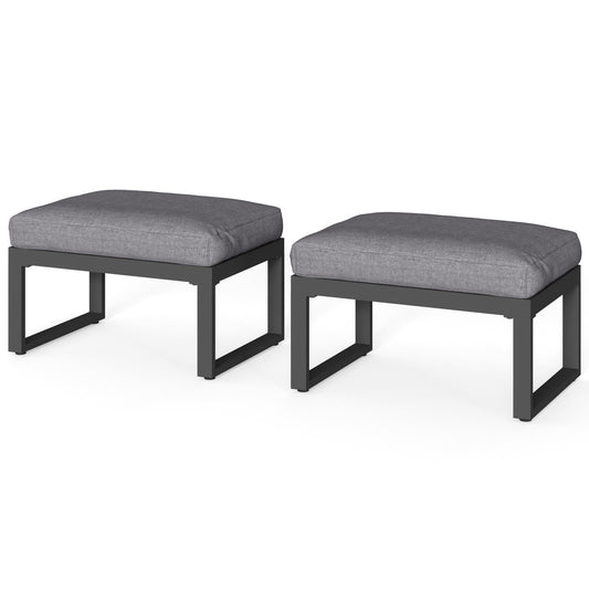 May in Color 2 Pieces Aluminum Outdoor Patio Ottoman Set, Outdoor Foot Stools with Thick Cushion, Small Seat Furniture for Porch Balcony Backyard, Grey
