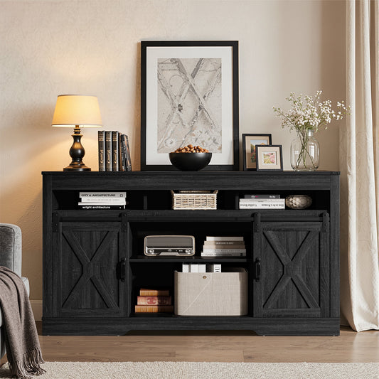 May in Color 34'' Tall TV Stand for 65"+ Inch TV, Farmhouse TV Console for 23" Fireplace, with Sliding Bar Door, Rustic Entertainment Center for Living Room, Bedroom (Black)