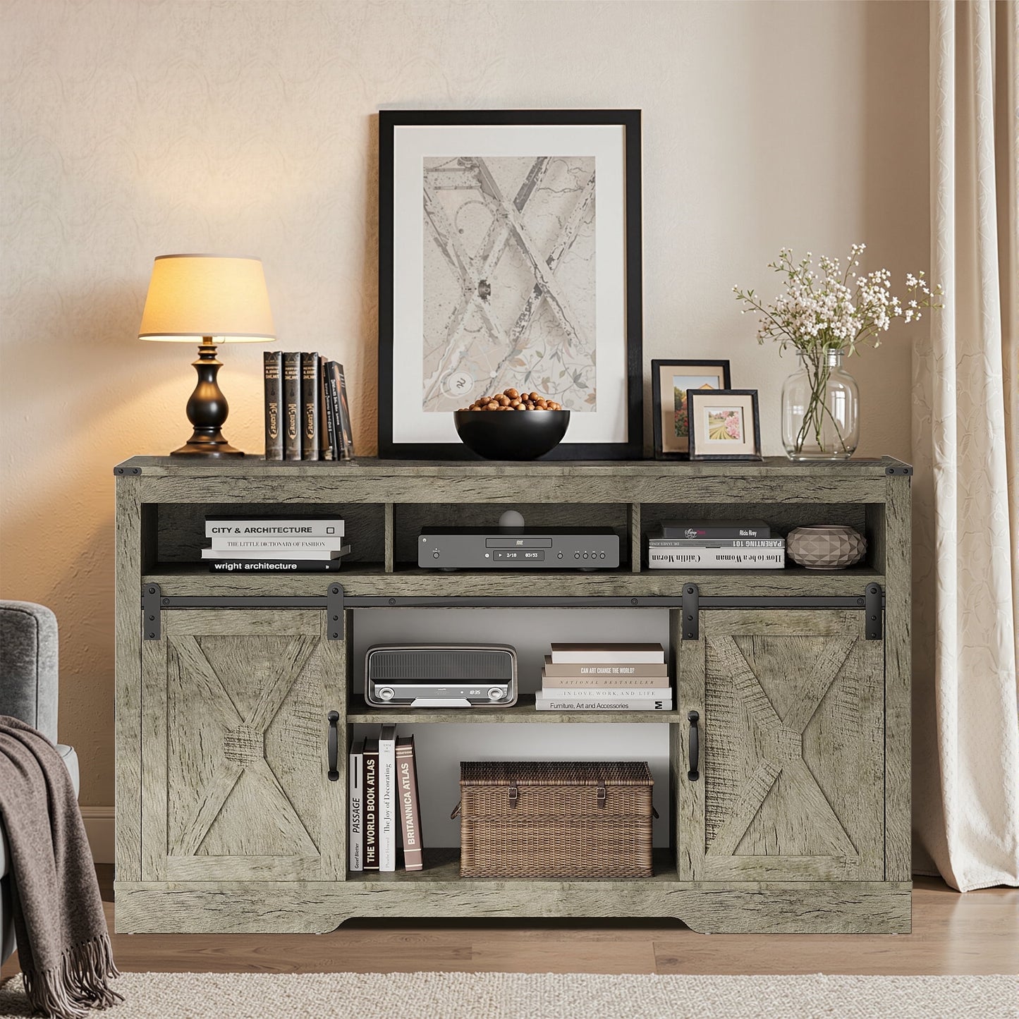 May in Color TV Stand Farmhouse 34 Inch Tall for 65 Inch TV with Sliding Bar Door, Light Grey