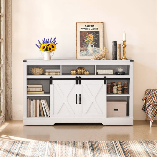 May in Color 34'' Tall TV Stand for 65"+ Inch TV, Farmhouse TV Console for 23" Fireplace, with Sliding Bar Door, Rustic Entertainment Center for Living Room, Bedroom (White)