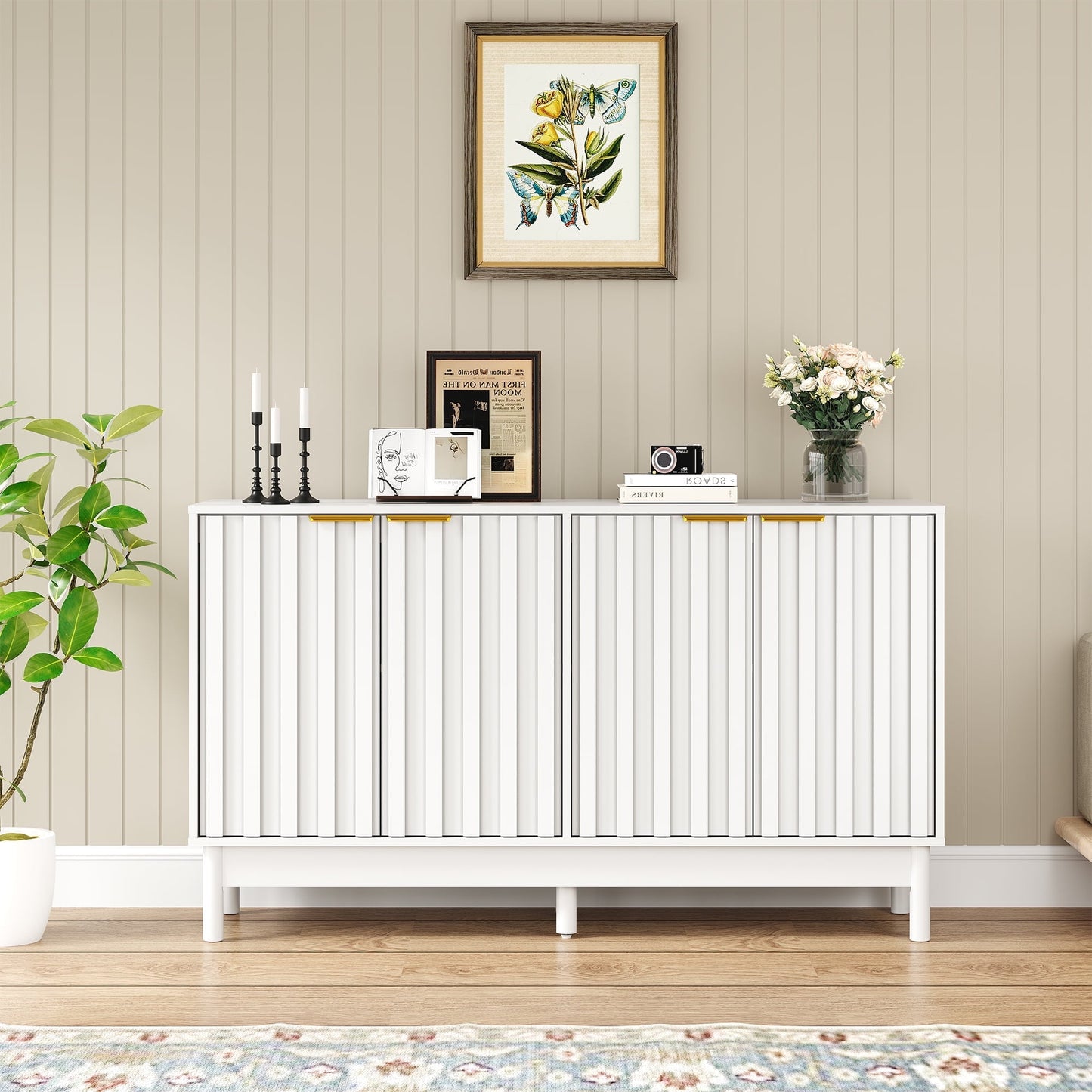 May in Color 55'' Buffet Cabinet with Fluted Door and Adjustable Shelves, Wood Credenzas Coffee Bar Cabinet for Kitchen, Dining Room, Living Room, White