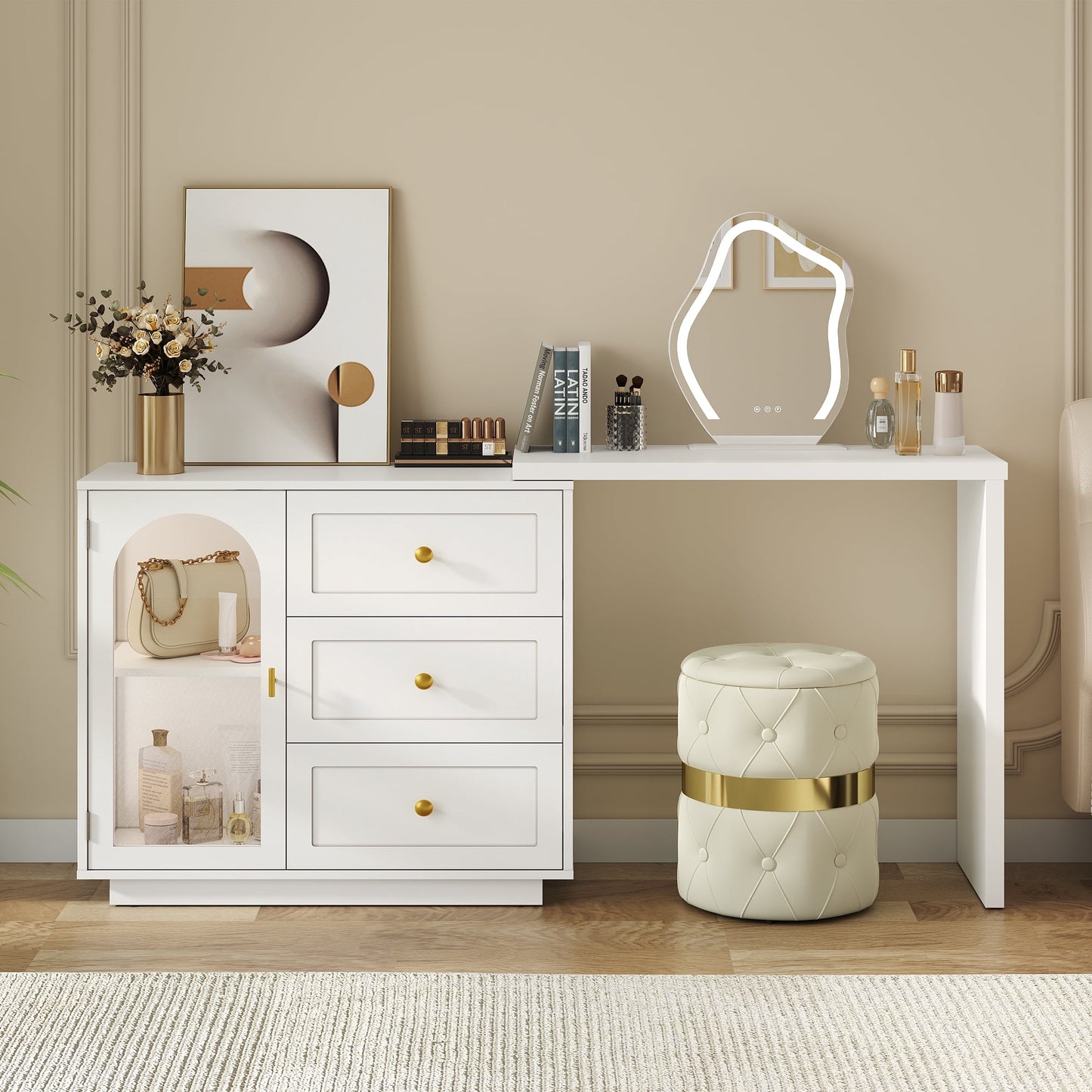 May in Color Extendable Makeup Vanity Desk with 3 Drawers & 1 Door