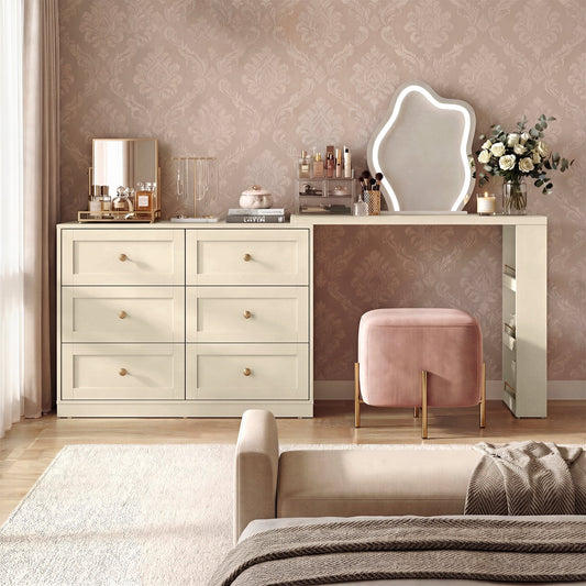 May in Color 6 Drawer Dresser, Extendable Corner Vanity Desk and Dresser Combo with 3 Side Shelves, Wood Dressing Table for Bedroom, Dressing Room, Beige
