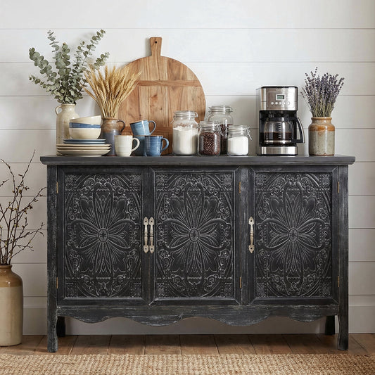 May in Color Accent Cabinet with 3 Carved Doors, Vintage Sideboard with Adjustable Shelves, Perfect for Kitchen, Dining Room, Living Room, Bedroom, Black