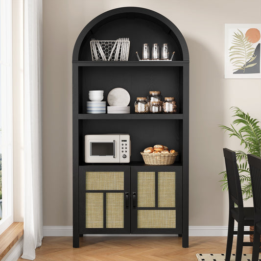 May in Color Arched Storage Cabinet with 2 Rattan Doors, 59'' Large Boho Sideboard Buffet Cabinet with Adjustable Shelves, Black Wood Pantry Storage Table for Kitchen, Entryway, Dining Room