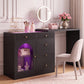 May in Color Black Extendable Vanity with LED Lights, Rotatable L?Shaped Makeup Vanity Desk, 5 Drawers & Arched Glass Cabinet, Multi?Purpose Desk for Working, Studying, Drawing, Sewing, Nail Care