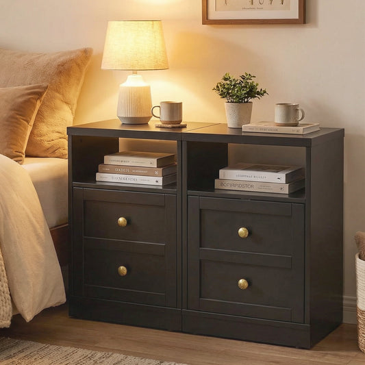 May in Color End Tables for Bedroom with Storage Shelf & Door, Set of 2 Nightstand, Small Side Table for Living Room, Dorm, Faux 2-Drawer Bedside Table, Black