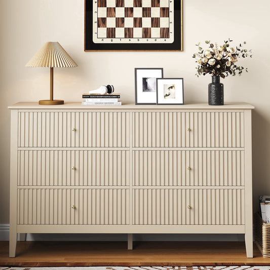May in Color Fluted 6 Drawer Dresser, Wide Modern Chest of Drawers, Large Wood Storage Cabinet Organizer for Bedroom, Living Room, Hallway, Entryway, Beige