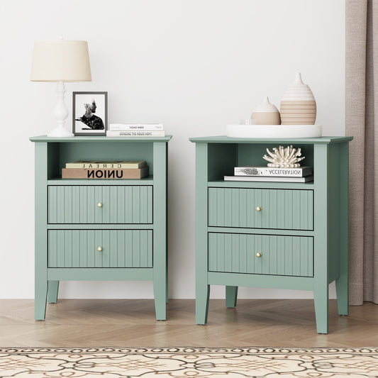 May in Color Green Fluted Nightstand with 2 Drawers Set of 2, Modern Wooden Sofa Table with Storage for Small Spaces, Tall End Table for Bedroom,Living Room, Couch Coffee Table