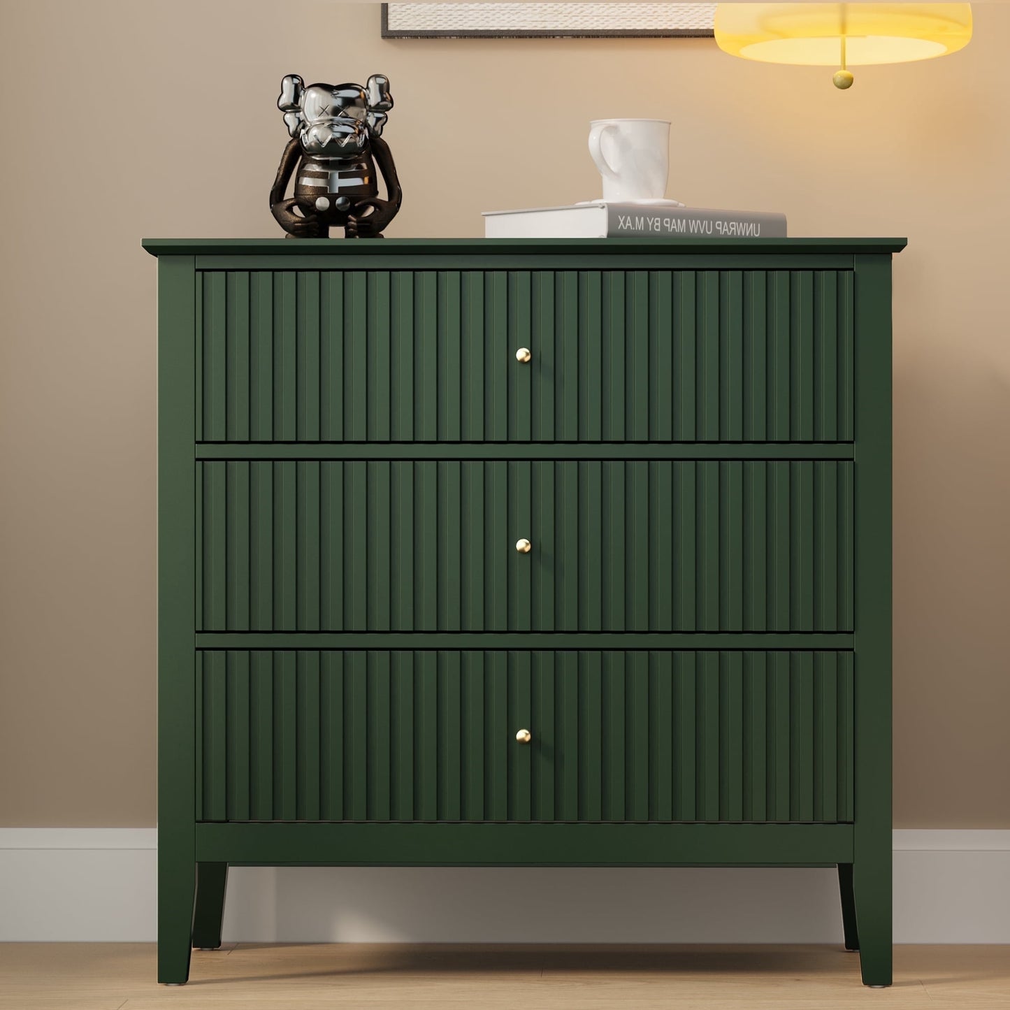 May in Color Large Fluted 3 Drawer Dresser, Wide Modern Nightstand Cabinet for Bedroom, Living Room, Entryway, Green