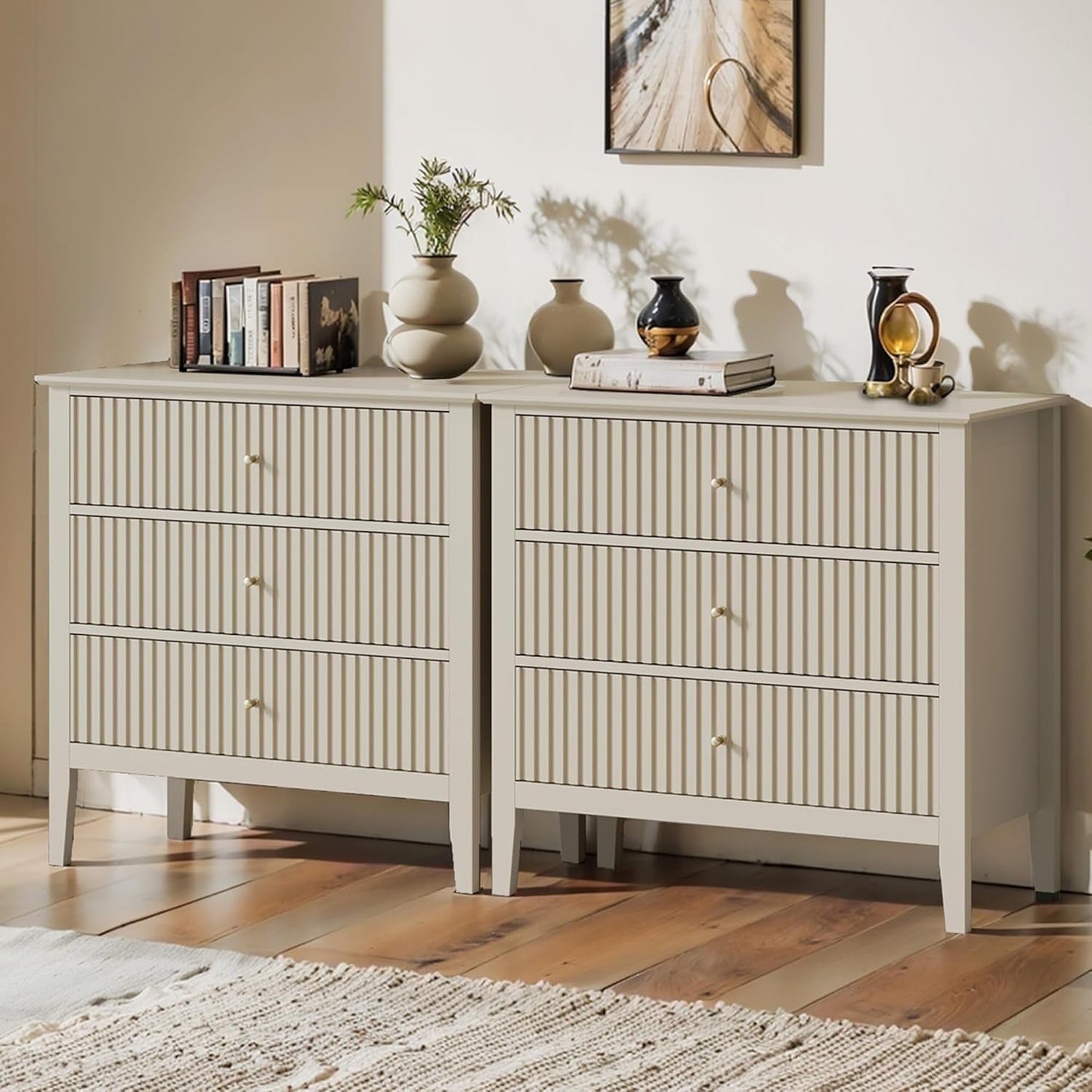 Mayincolor Large Fluted 3 Drawer Dresser set of 2, Wide Chest of Drawers with Modern Nightstand Cabinet Wood Dresser with Spacious Storage for Bedroom,Living Room,Beige
