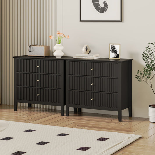 Mayincolor 3-Drawer Fluted Dresser Set of 2, Modern Wood Storage for Bedroom or Living Room, Black