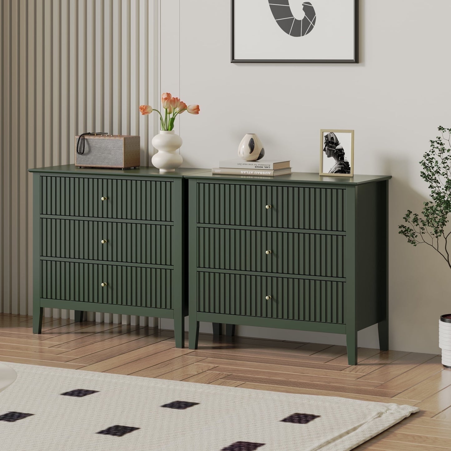 Mayincolor Fluted 3-Drawer Dresser Set of 2, Green Wood Chest for Bedroom & Living Room