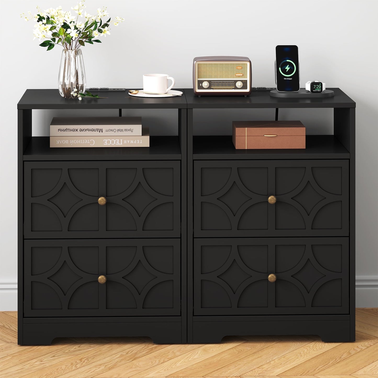May in Color Large Nightstand with 2 Drawers, Modern Side Table with Charging Station and Diamond Carvings, Accent End Table for Living Room, Bedroom, Entryway, Black, Set of 2