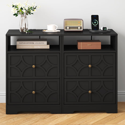 May in Color Large Nightstand with 2 Drawers, Modern Side Table with Charging Station and Diamond Carvings, Accent End Table for Living Room, Bedroom, Entryway, Black, Set of 2