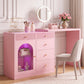 May in Color Pink Extendable Vanity with LED Lights, Rotatable L?Shaped Makeup Vanity Desk, 5 Drawers & Arched Glass Cabinet, Multi?Purpose Desk for Working, Studying, Drawing, Sewing, Nail Care
