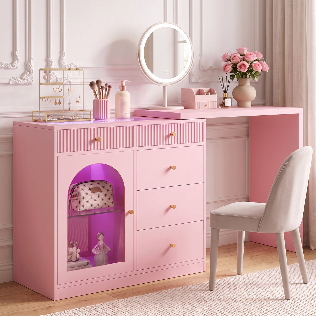 May in Color Pink Extendable Vanity with LED Lights, Rotatable L?Shaped Makeup Vanity Desk, 5 Drawers & Arched Glass Cabinet, Multi?Purpose Desk for Working, Studying, Drawing, Sewing, Nail Care