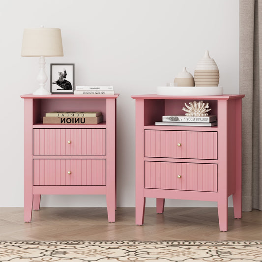 May in Color Pink Fluted Nightstand with 2 Drawers Set of 2, Modern Wooden Sofa Table with Storage for Small Spaces, Tall End Table for Bedroom,Living Room, Couch Coffee Table