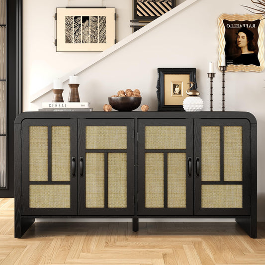 May in Color Rattan Sideboard Buffet Cabinet with Storage, 59'' Large Boho Storage Cabinet with 4 Doors and Adjustable Shelves, Black Wood Console Table for Kitchen, Entryway, Dining Room