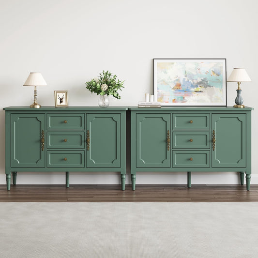 May in Color Storage Cabinet Set of 2 with 2 Doors & 3 Drawers, Sideboard Cabinet with Adjustable Shelves, Wood Buffet Cabinet with Turned Legs, Ideal for Entryway, Living Room, Dining Room, Green