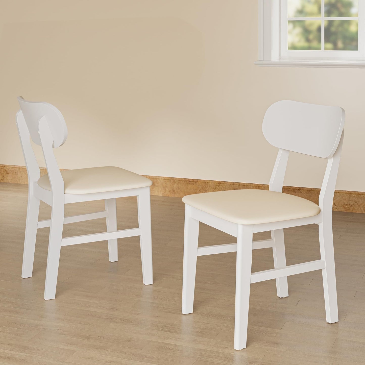 May in Color Wooden Dining Chairs Set of 2, Modern Dining Chairs with Rubberwood Legs, 350LBS Capacity, Leather Side Seat for Kitchen, Dining Room, Living Room, Home Office, Terrace, Courtyard, White