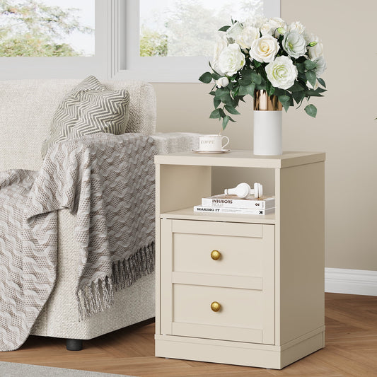 May in Color beige Nightstand with Storage Shelf & Door, Faux Drawer Design End Table, Compact Side Table for Bedrooms, Dorm Rooms & Small Spaces, Set of 1