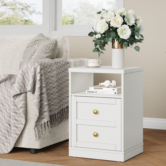 May in Color white Nightstand with Storage Shelf & Door, Faux Drawer Design End Table, Compact Side Table for Bedrooms, Dorm Rooms & Small Spaces, Set of 1