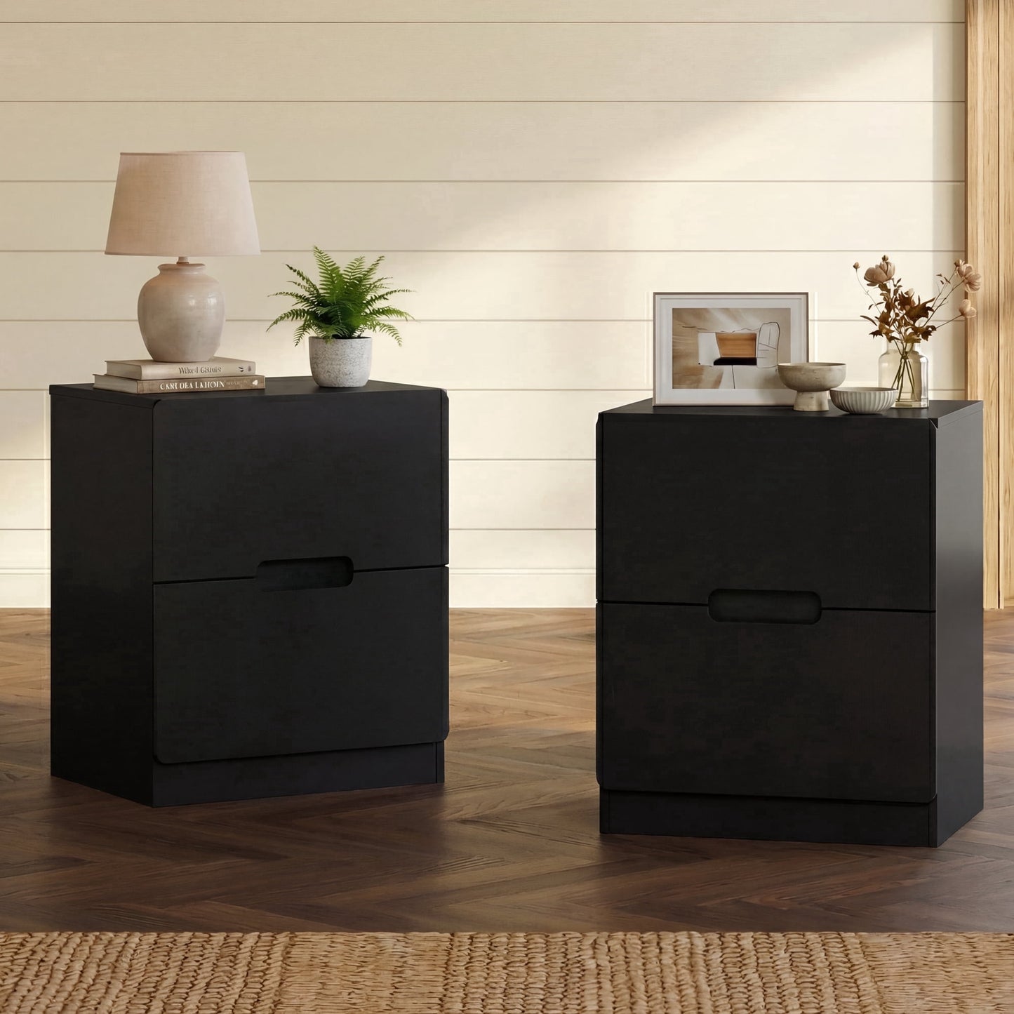 May in Color 2-Drawer Nightstand Set of 2, Handless Bedside Table for Bedroom, Living Room, Hallway, Black