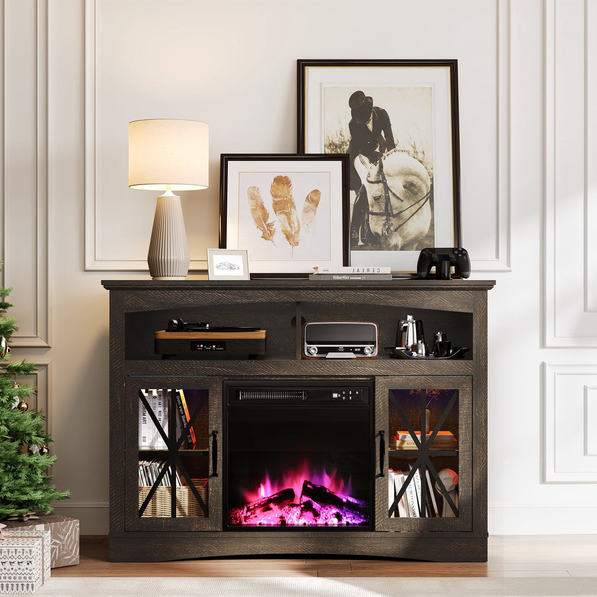 May in Color 47'' Farmhouse TV Stand with 18'' Fireplace Insert, TV Console with Adjustable Shelves, Glass Doors & LED Lights