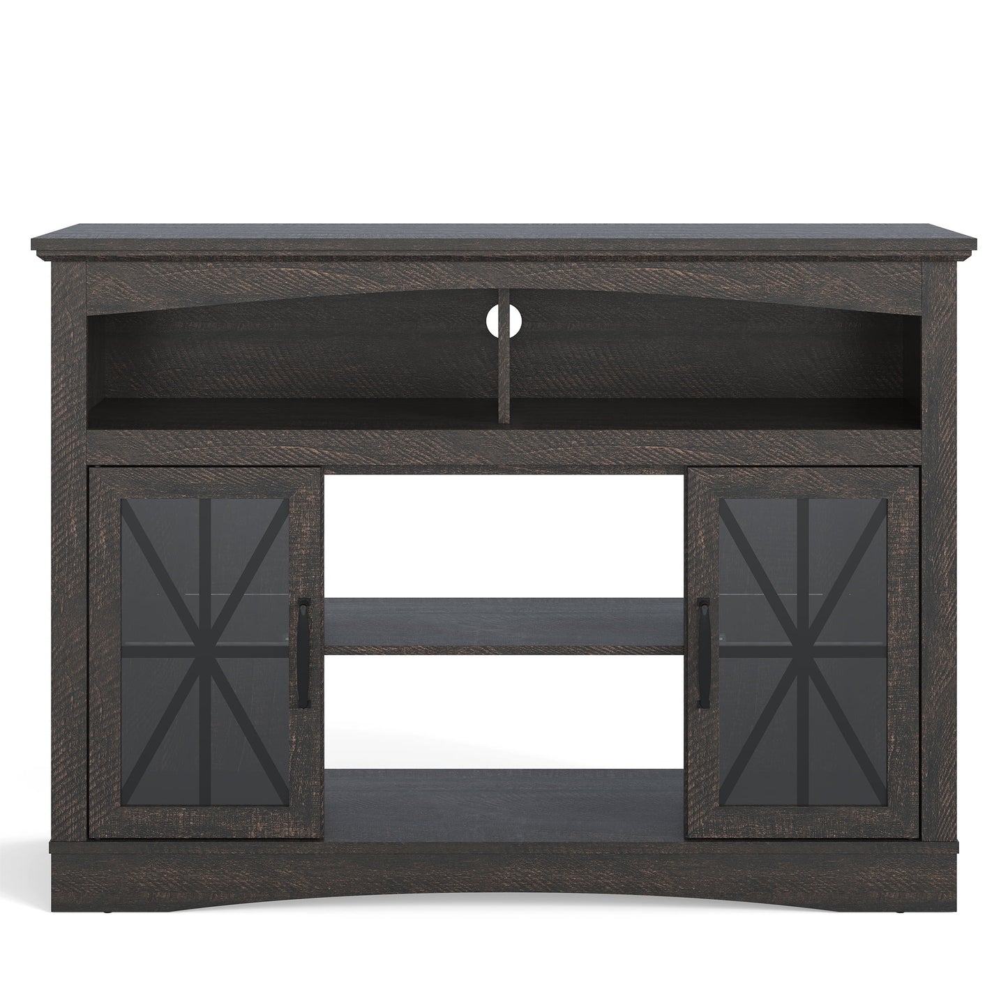 May in Color 47'' Farmhouse TV Stand with Adjustable Shelves, Glass Doors & LED Lights