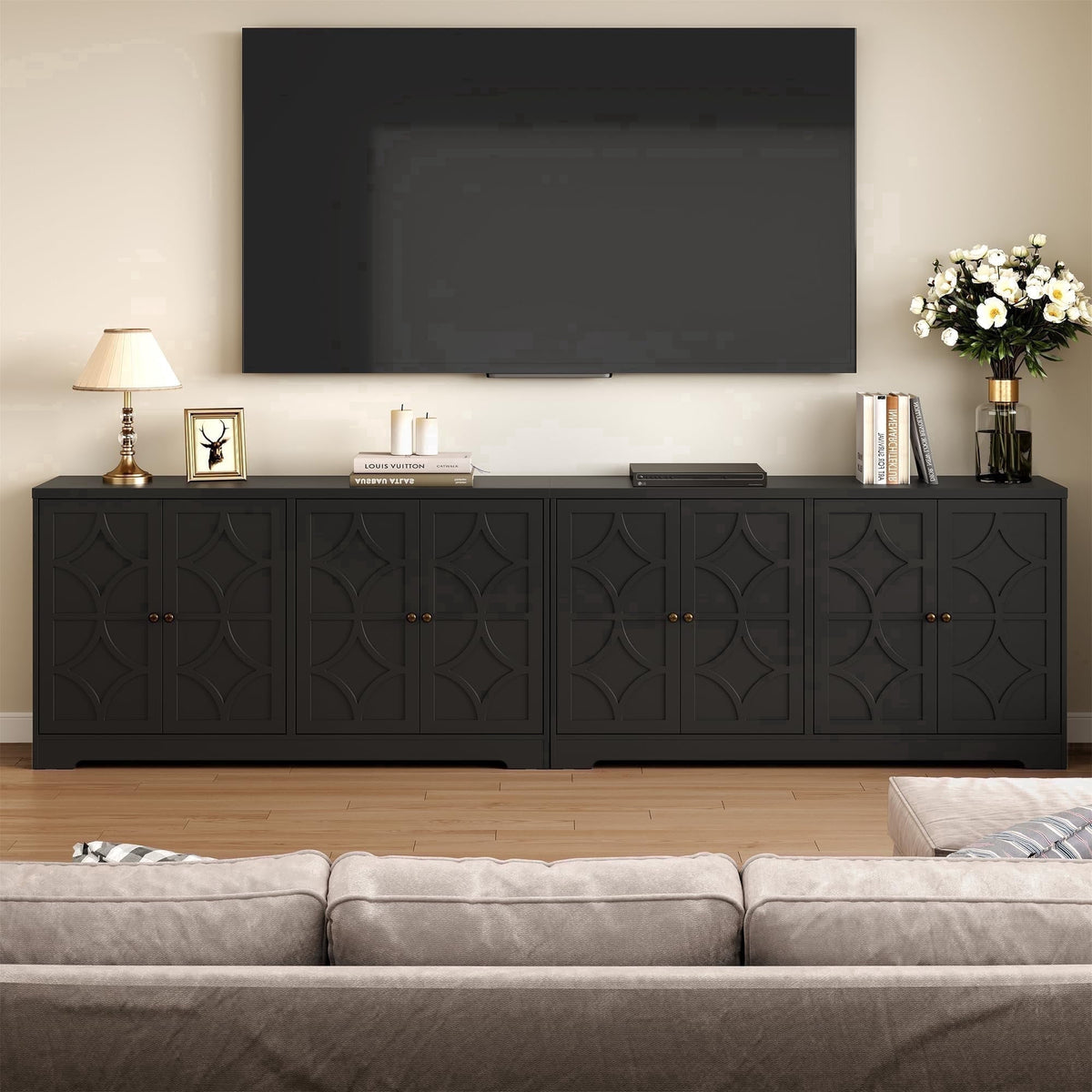 May in Color 56" Modern Buffet Cabinet, Wood Sideboard with 4 Doors and Adjustable Shelves, for Entryway, Living Room, Matte Black