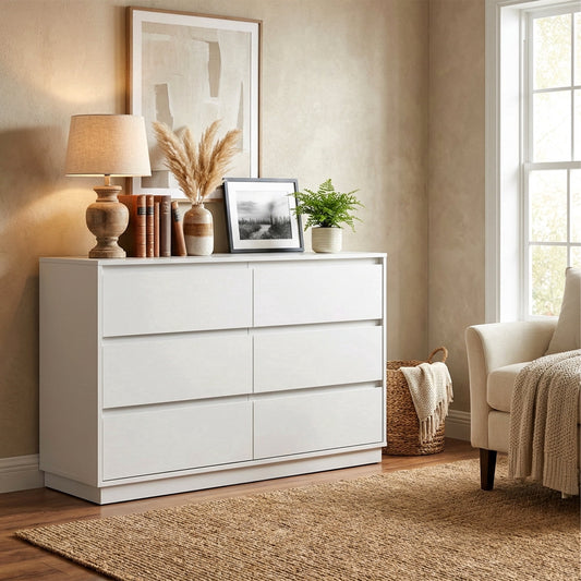 May in Color 6 Drawer Dresser with Charging Station for Bedroom, White