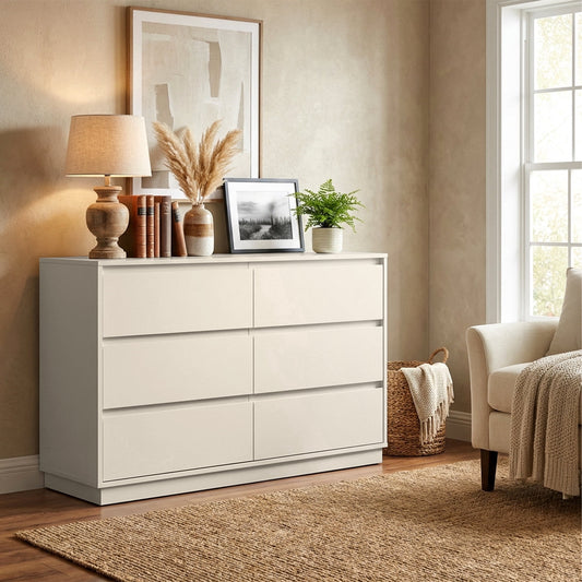 May in Color 6 Drawer Dresser with Charging Station for Bedroom, Beige