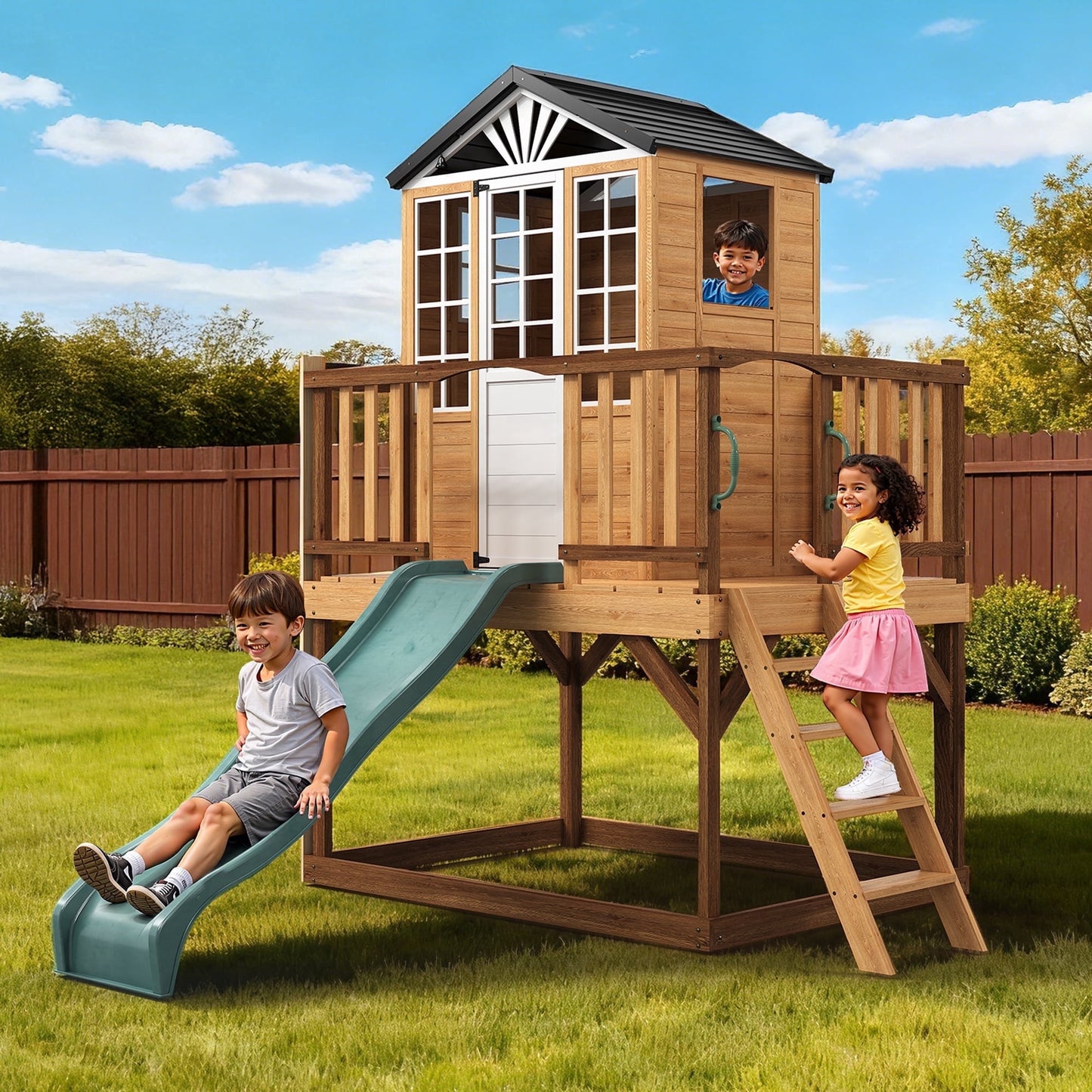 May in Color 9-in-1 Multifunctional Wooden Playhouse with Slide, Sandbox, and Kitchen - A Durable Backyard Adventure Playset for Kids Ages 3-10