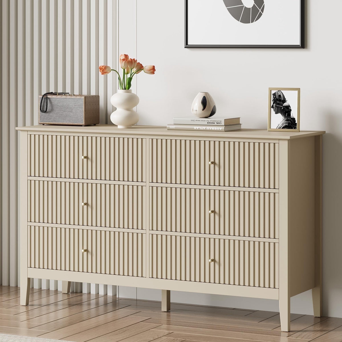 May in Color Beige 6 Drawer Dresser, Fluted Modern Chest of Drawers for Bedroom