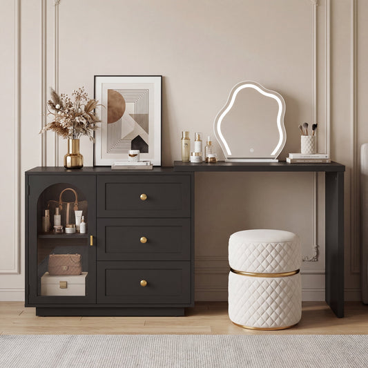May in Color Black Extendable Makeup Vanity Desk, No Mirror Corner Vanity Table with 3 Drawers & 1 Door, for Bedroom, Home Office