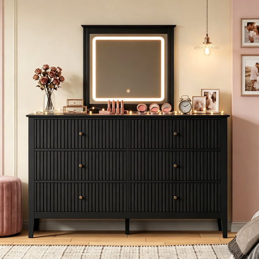 May in Color Black Fluted 6 Drawer Dresser with Lighted Mirror, Large Modern Wood Storage Cabinet Organizer for Bedroom, Living Room, Hallway