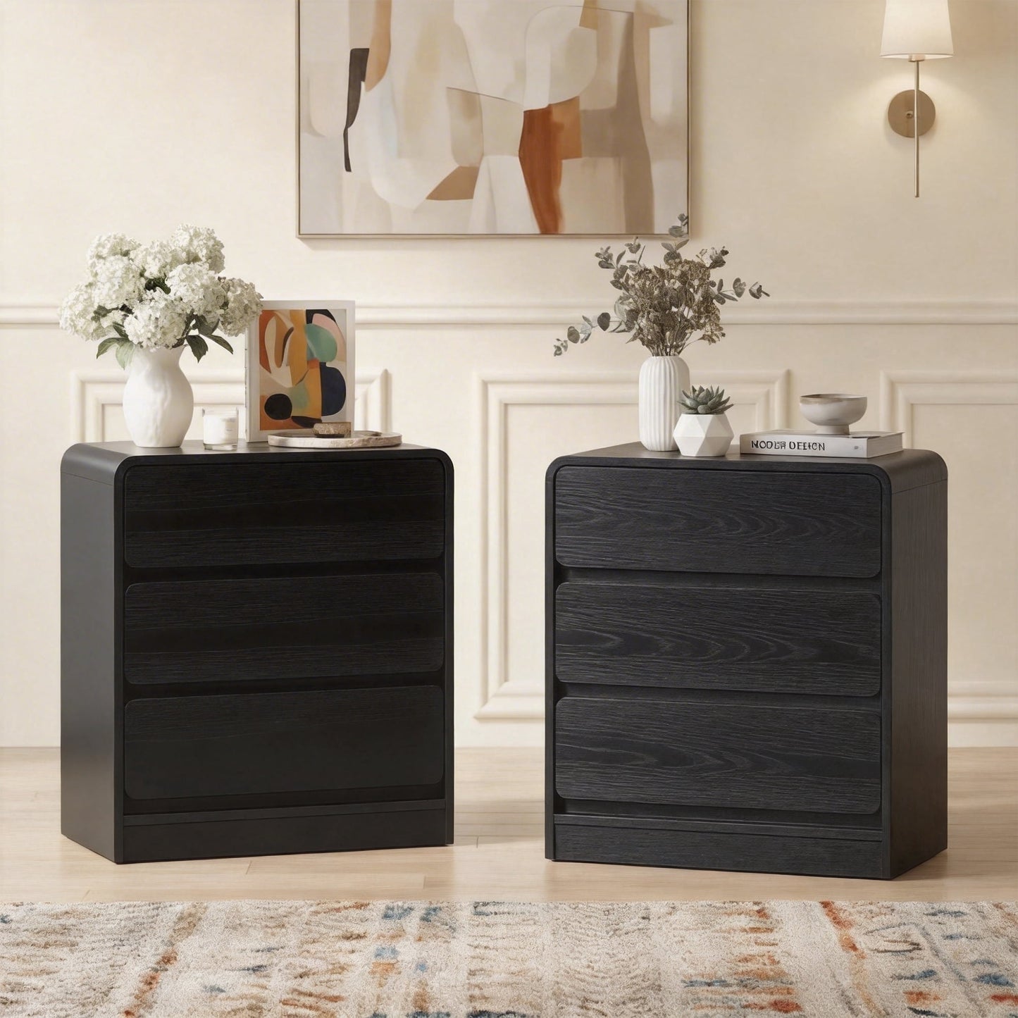 May in Color Black Handle?Free 3?Drawer Dresser Set of 2, Tall Nightstand, Modern Storage Cabinet for Bedroom, Living Room, Office