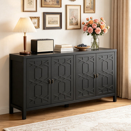 May in Color Sideboard Buffet, 58" Modern Buffet Cabinet with 4 Doors and Adjustable Shelves, for Entryway, Dining Room, Living Room, Bedroom, Black