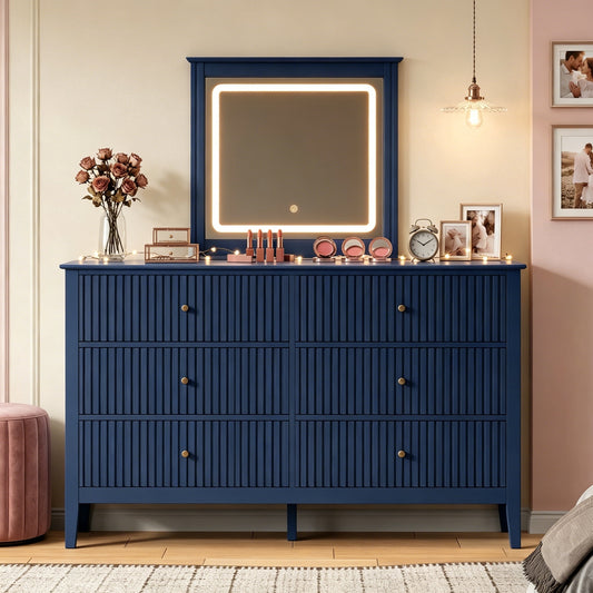 May in Color Blue Fluted 6 Drawer Dresser with Lighted Mirror, Large Modern Wood Storage Cabinet Organizer for Bedroom, Living Room, Hallway