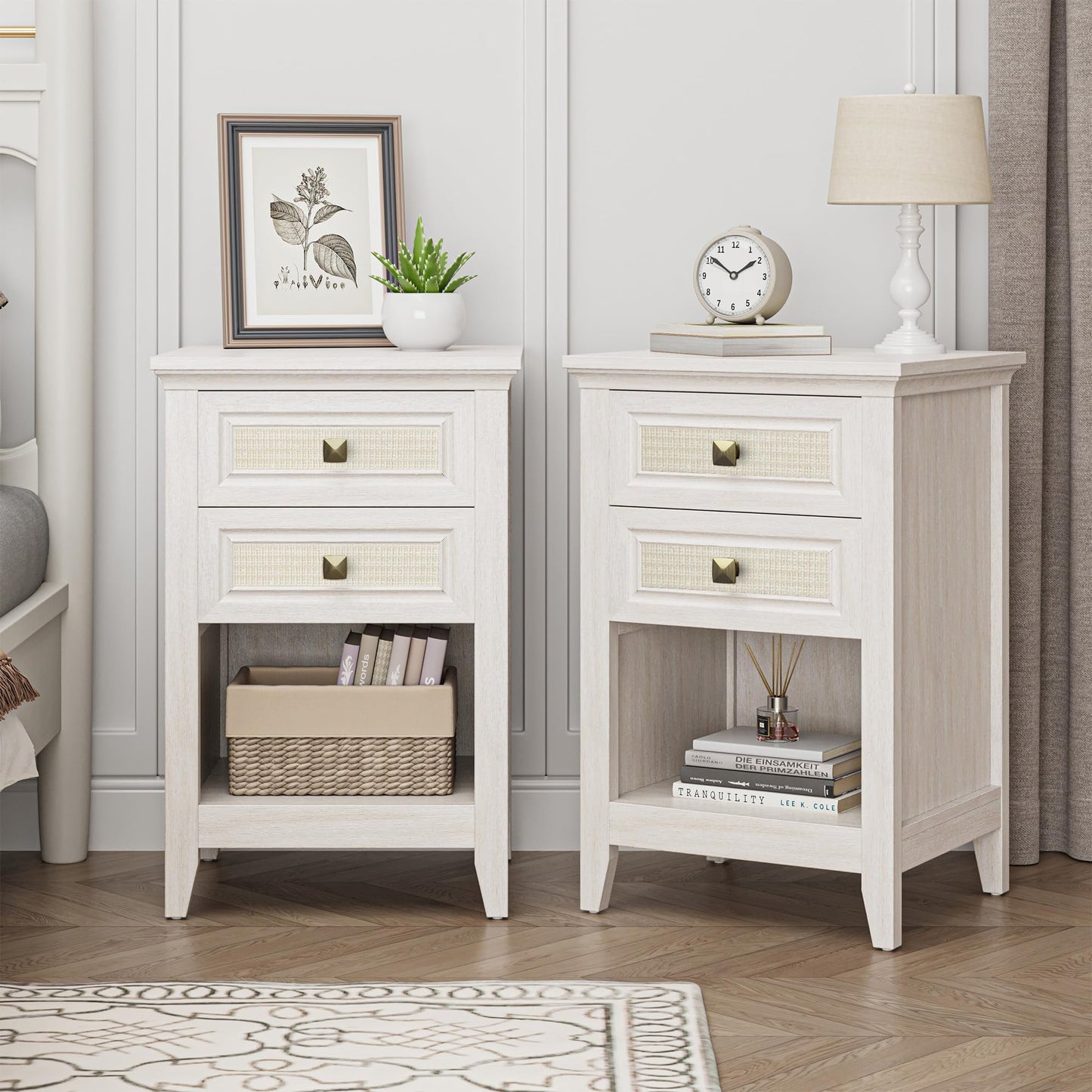 May in Color Boho Rattan Wood Accent Nightstand with Drawer, 27" Tall End Table with Storage Shelf, Grayish White Side Table