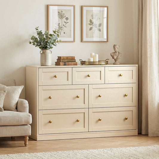 May in Color Dresser for Bedroom with 7 Drawers, Wood Drawer Organizer for Bedroom, Living Room, Hallway, Beige