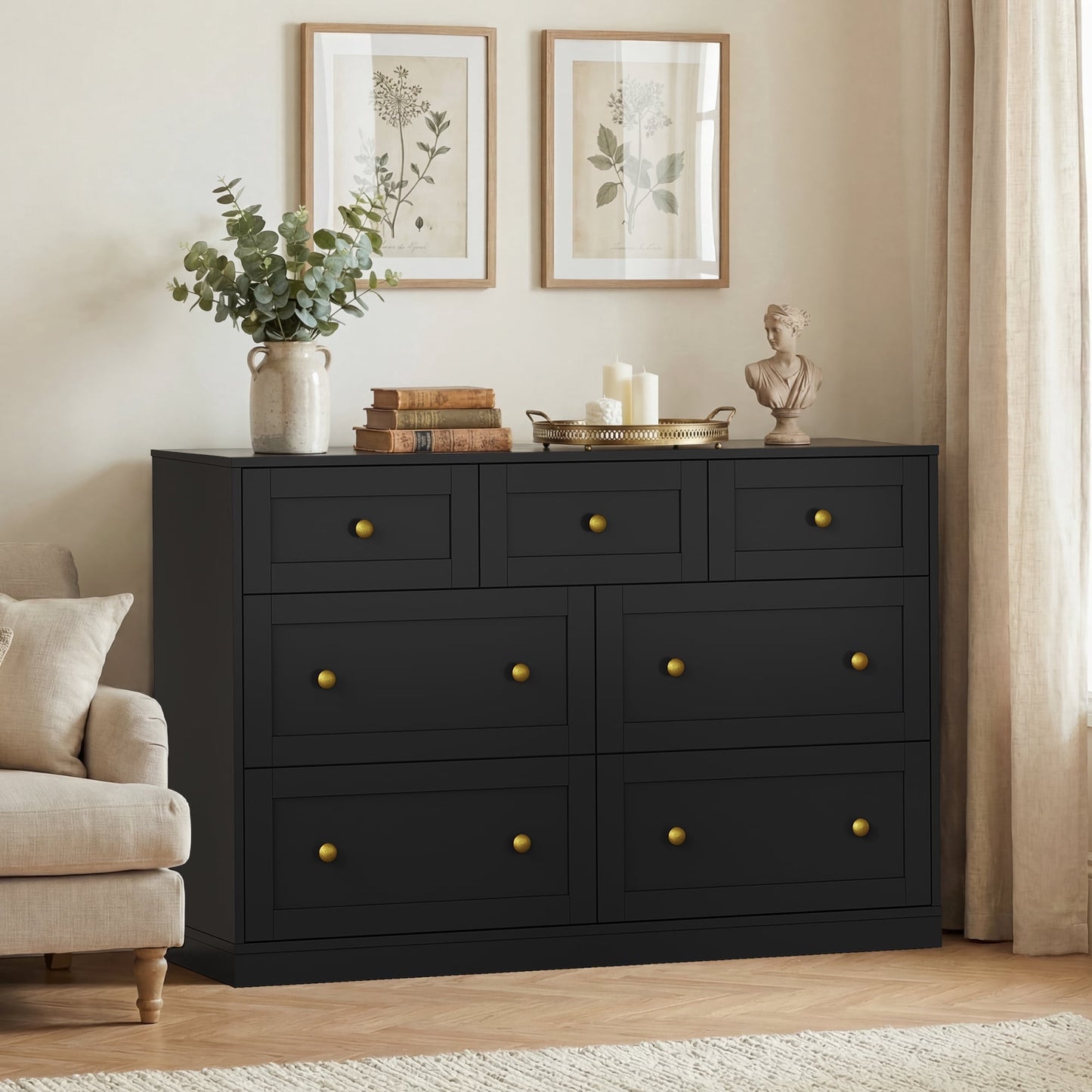 May in Color Dresser for Bedroom with 7 Drawers, Wood Drawer Organizer for Bedroom, Living Room, Hallway, Black