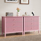 May in Color Fluted Wide Nightstand for Bedroom, Large Pink End Table with 3 Drawer, for Home and Office